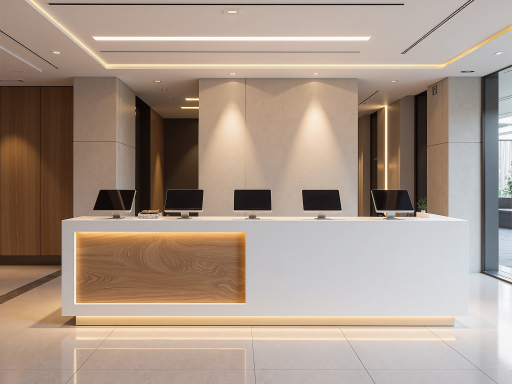 Professional office reception area with modern furniture, welcoming entrance design, clean corporate environment, daylight interior lighting