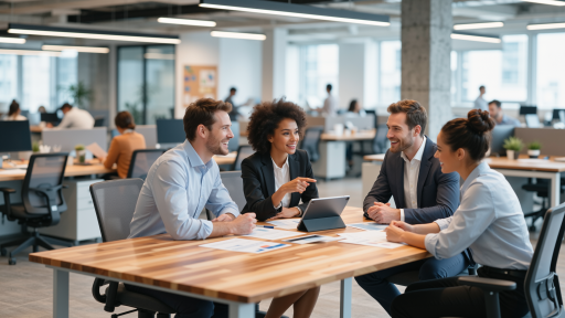 Professional team meeting with diverse group of employees, modern office environment, collaborative workspace